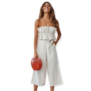 Saints and Secrets Strapless Ruffle Linen Jumpsuit